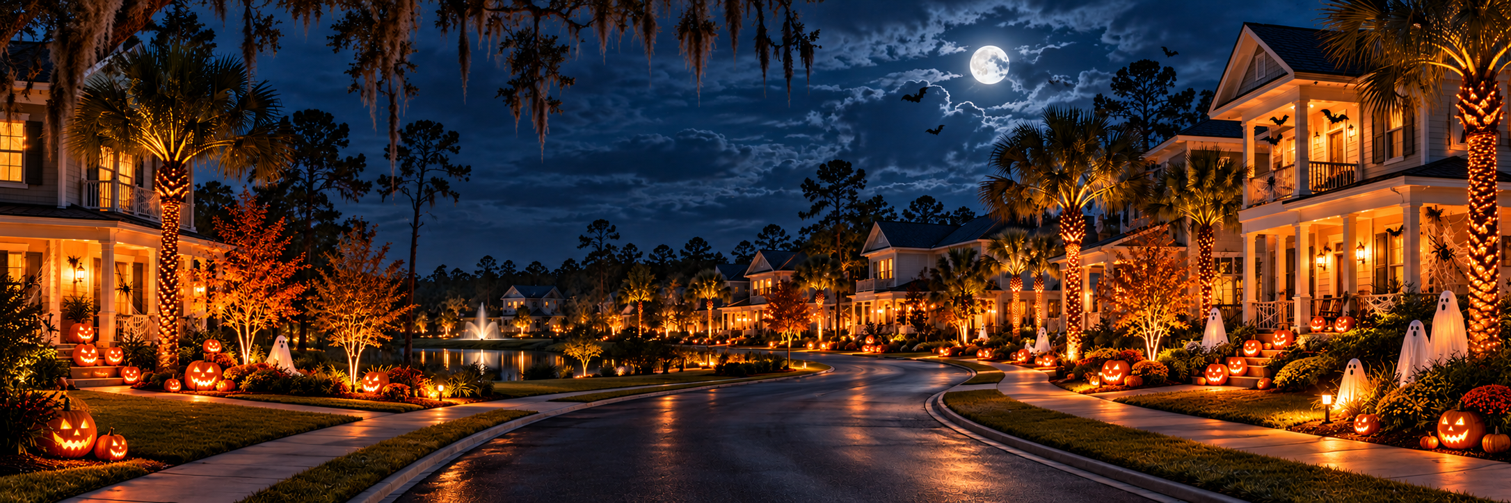 Halloween neighborhood scene with palms, porch lights, pumpkins, and a friendly ghost