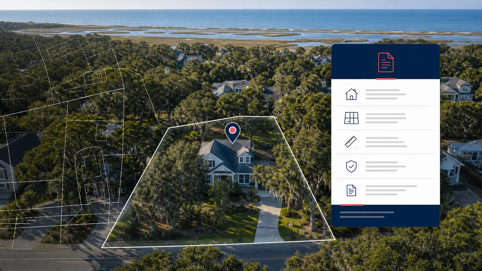 Coastal Georgia property parcel map with a home, boundary lines, location pin, and public records documents.
