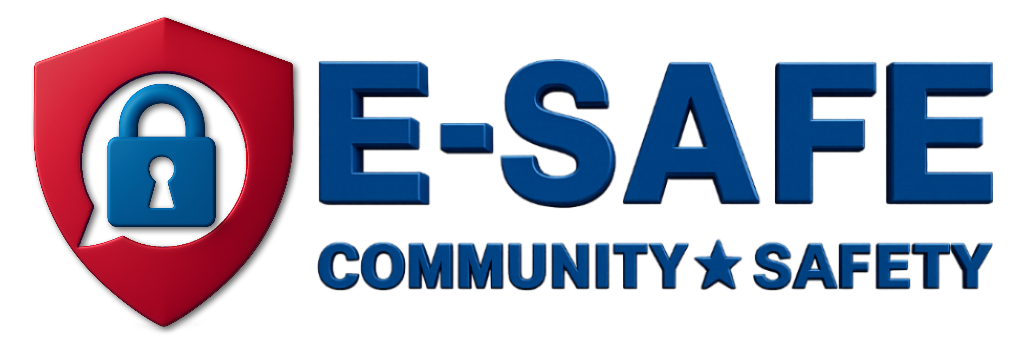 3D horizontal version of the E-SAFE logo with shield & padlock icon on the left and text “E-SAFE Community ★ Safety” on the right