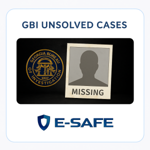GBI Unsolved Cases graphic showing Georgia Bureau of Investigation seal, missing person placeholder, and E-SAFE logo