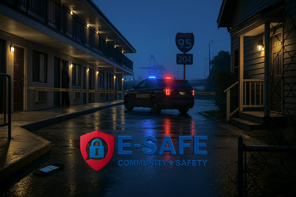 Dim hotel corridor with a do not disturb tag on the door and a rainy view of Interstate 95 in the distance, representing human trafficking awareness in Savannah, Chatham County.