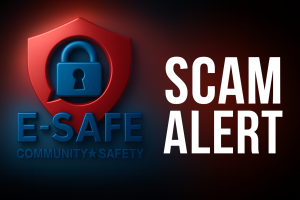 Scam Alert banner with the E-Safe shield and padlock logo on a dark red and blue background and large white text that reads Scam Alert.