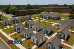 Aerial photo showing new cottage-style homes in Savannah representing Dundee Cottages, with older red-brick public housing in the background symbolizing Yamacraw Village redevelopment.