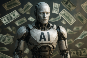 Photo-realistic humanoid robot labeled "AI" with textured metallic body, surrounded by floating U.S. hundred-dollar bills.