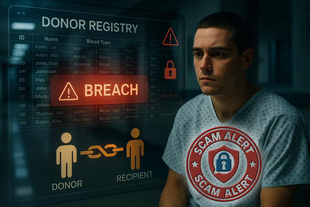 Conceptual image showing a patient overshadowed by a compromised donor registry screen.
