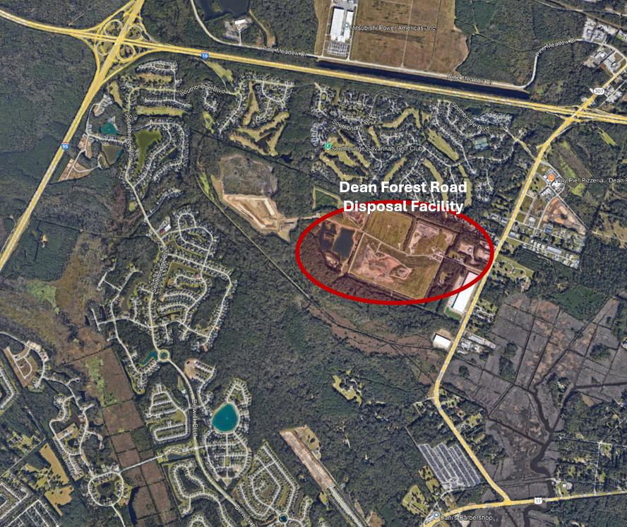 Wide aerial map showing the Dean Forest Road Disposal Facility site area highlighted and labeled within the surrounding Savannah region.