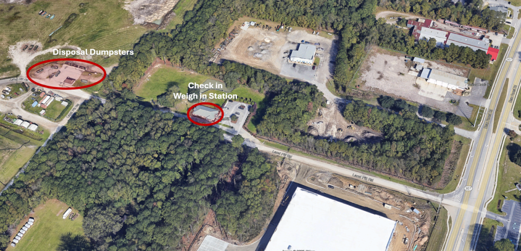 Aerial view showing the Dean Forest Road Disposal Facility check in weigh in station and the disposal dumpsters area, each highlighted and labeled.
