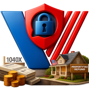 Three dimensional illustration showing a VA themed red and blue emblem with a security shield and lock, stacks of amended tax forms labeled 1040X, cash, gold coins, and a home with a sign reading PROPERTY TAX REFUND, representing VA 100 percent back pay and tax refund benefits.