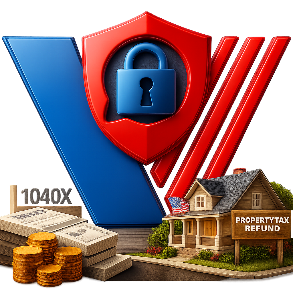 Three dimensional illustration showing a VA themed red and blue emblem with a security shield and lock, stacks of amended tax forms labeled 1040X, cash, gold coins, and a home with a sign reading PROPERTY TAX REFUND, representing VA 100 percent back pay and tax refund benefits.