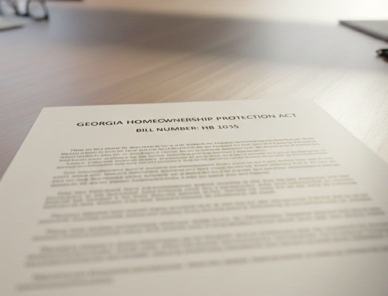 Close-up of a professional legislative document titled Georgia Homeownership Protection Act Bill Number HB 1035 on a wooden conference table.