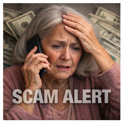 Person holding a phone while surrounded by cash, representing a phone scam warning