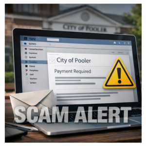 Laptop displaying a fake City of Pooler payment request email with a scam warning alert