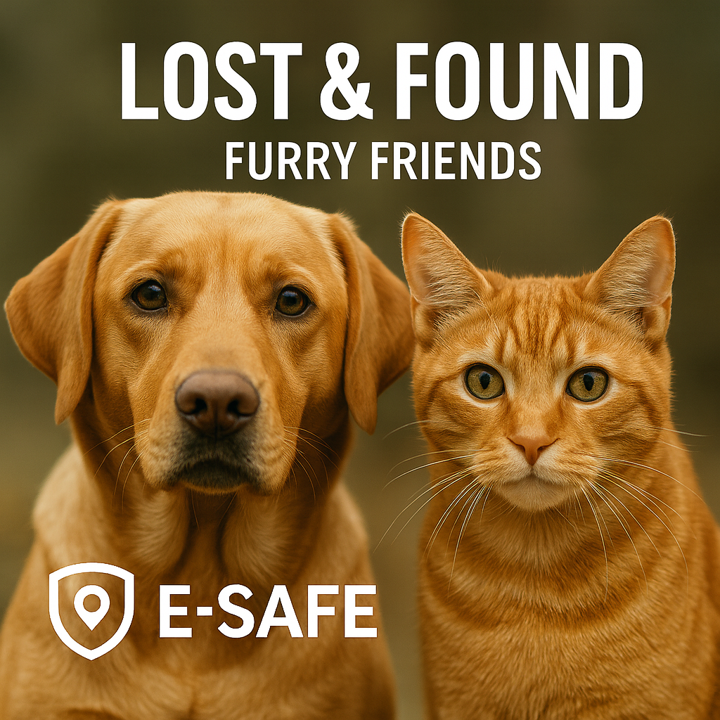 Lost & Found Furry Friends promotional image featuring a golden tan dog and an orange tabby cat with E-Safe branding