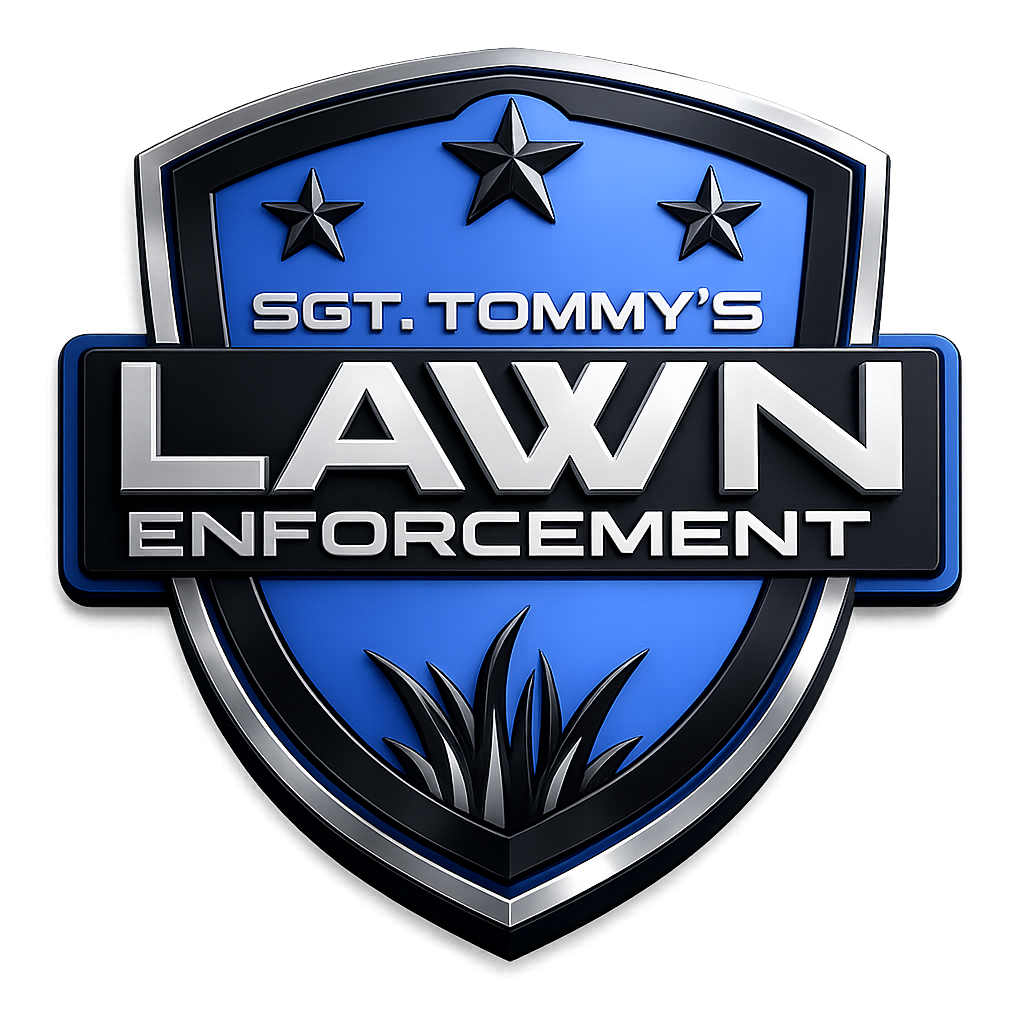 3D badge logo for SGT Tommy’s Lawn Enforcement LLC, lawn mowing and yard maintenance in Effingham County, Georgia