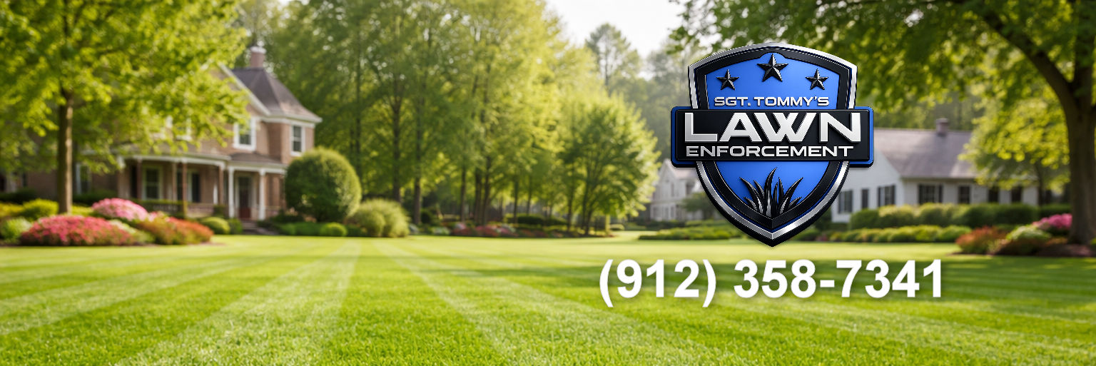 Lawn care banner with SGT Tommy’s Lawn Enforcement LLC logo and phone number 912.358.7341 over a freshly mowed spring lawn