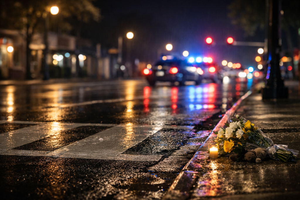 Nighttime Savannah street crosswalk with distant police lights representing hit and run crash investigations