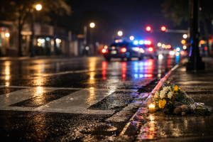 Nighttime Savannah street crosswalk with distant police lights representing hit and run crash investigations