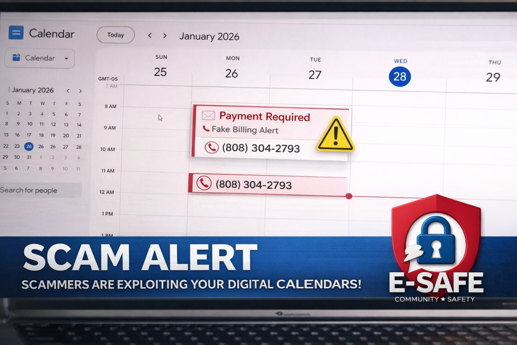 Digital calendar scam showing fake billing alert on phone and laptop with E-Safe logo