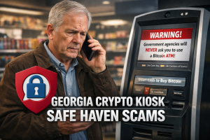 Older adult near a cryptocurrency kiosk in Georgia while reacting to a suspicious phone call