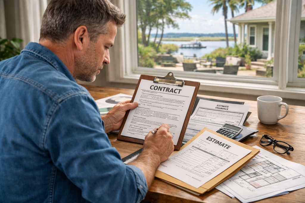 Chatham County homeowner reviewing contractor paperwork before spring home repairs