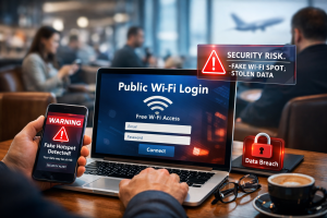 Person using public Wi Fi in a public setting while reviewing a security warning about fake hotspots and stolen data