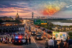 Photo realistic Coastal Georgia editorial image showing Tybee Island safety concerns, GDOT road work, housing growth, climate planning, and regional community impacts.