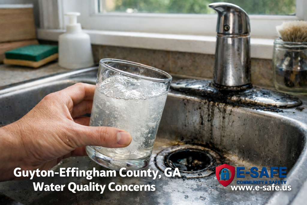 Guyton and Effingham County water quality concerns shown through cloudy tap water and black residue at a home sink