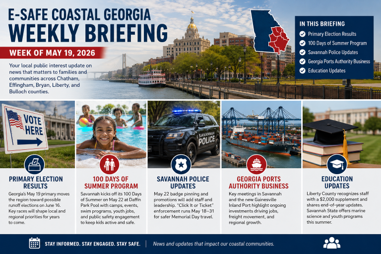 Coastal Georgia weekly briefing image showing Savannah civic activity, port business, summer youth programming, public safety, and education updates.