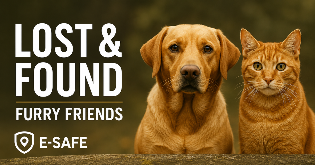 Lost and Found Furry Friends graphic featuring a dog, cat, and E-Safe branding.