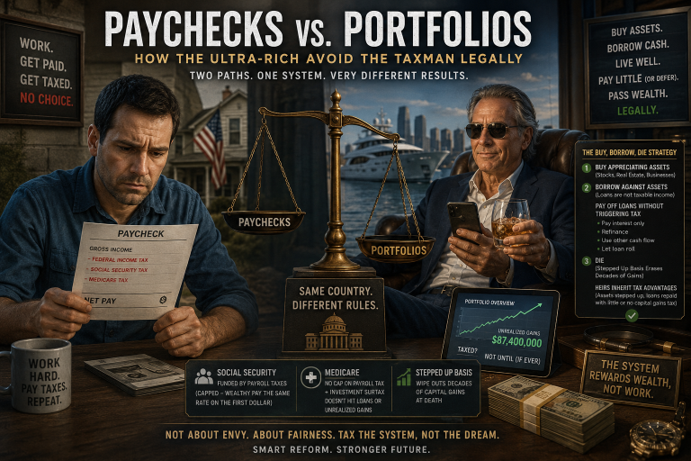 Editorial image contrasting paycheck income and portfolio wealth, showing how wages, asset growth, loans, and inheritance rules can be treated differently under U.S. tax law.