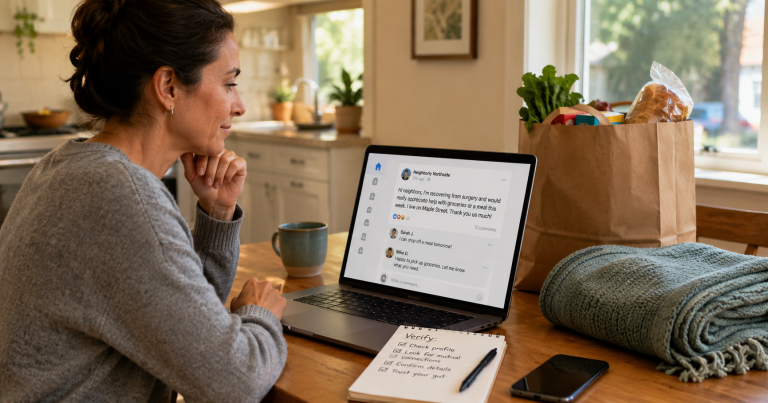 A caring neighbor reviews an online community help request while considering safe ways to assist, with groceries and a blanket nearby.