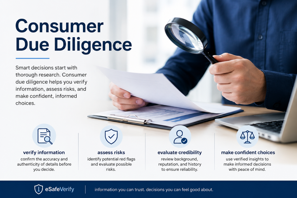Consumer due diligence graphic showing a person reviewing documents with a magnifying glass, highlighting verification, risk assessment, credibility review, and informed decision making.