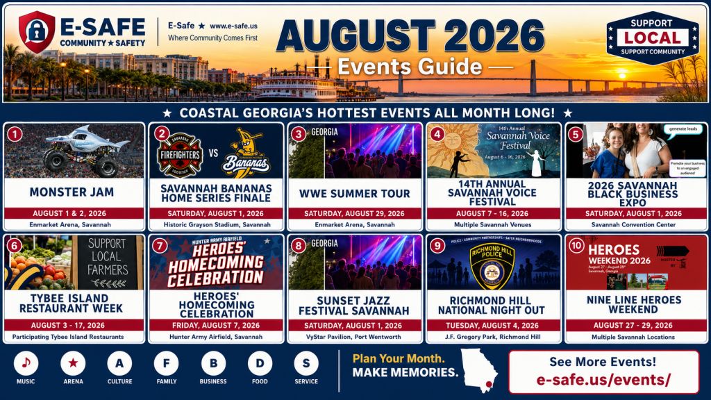 Promotional graphic for E-Safe Coastal Georgia Monthly Area Happenings and Events: August 2026, featuring coastal Georgia landmarks, live entertainment, markets, and community event themes.