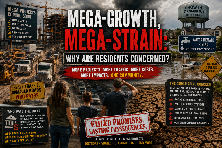 A Coastal Georgia family overlooks congested construction traffic, industrial megaprojects, flooded neighborhoods, drought damaged land, strained utilities, and warning signs showing the cumulative community impacts of rapid regional development.