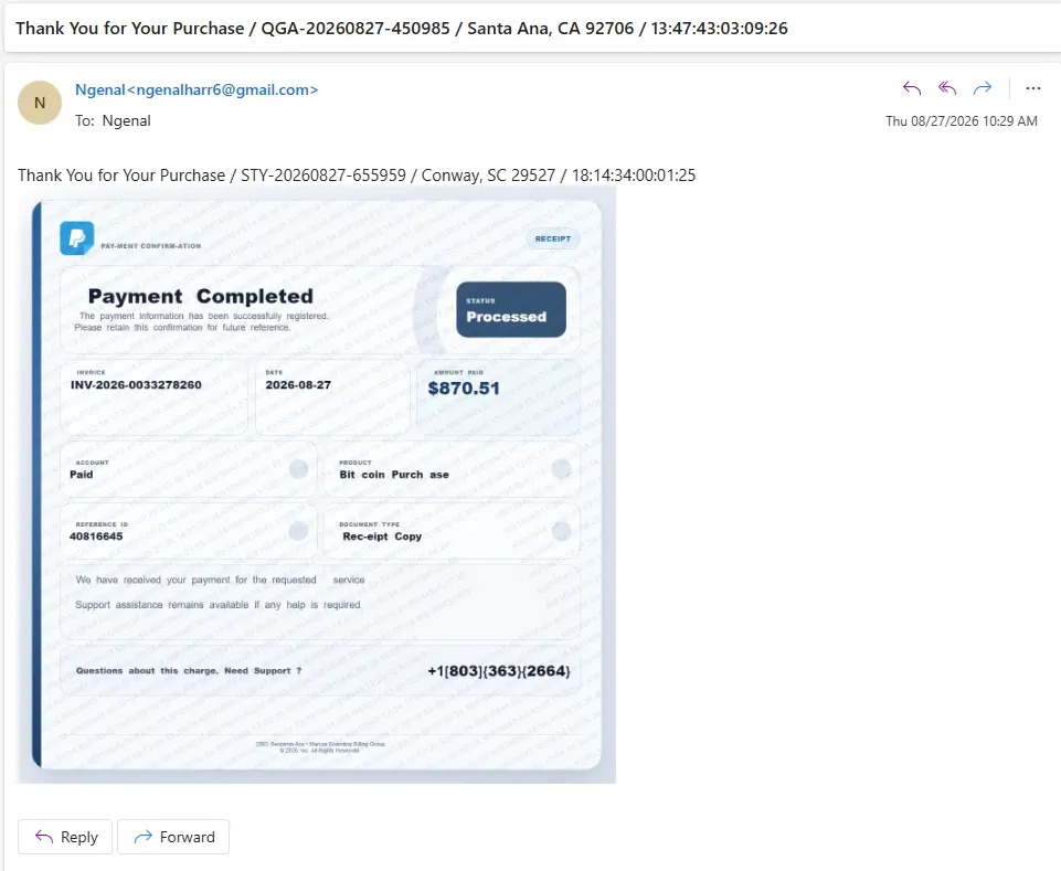 Screenshot of a fraudulent purchase confirmation email received locally on August 27, 2026