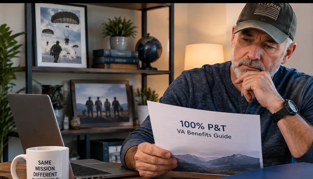 Veteran reviewing a 100% P&T VA Benefits Guide while researching VA disability benefits, work rules, and rating information.