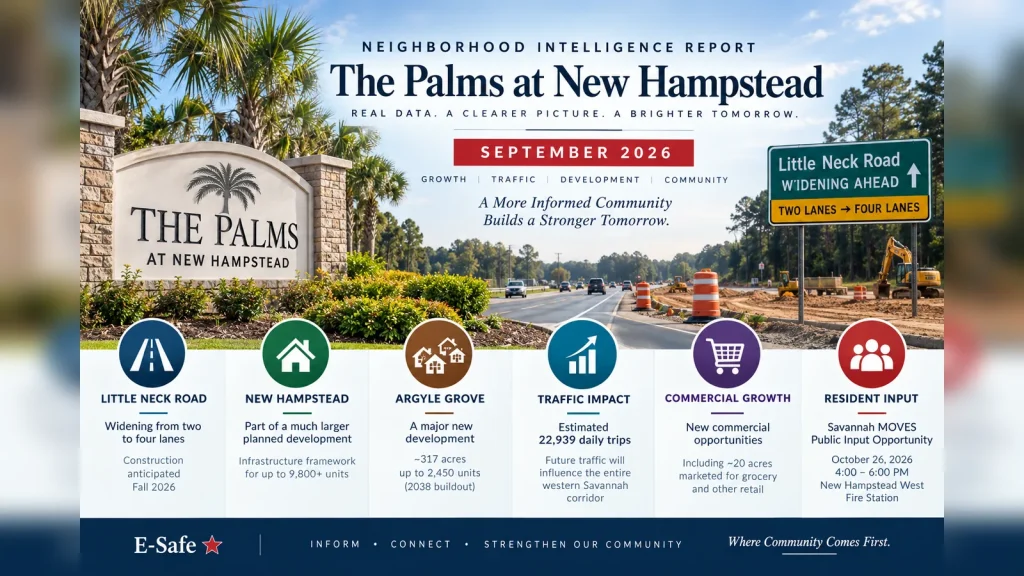 The Palms at New Hampstead Neighborhood Intelligence Report for September 2026 showing residential growth, roadway infrastructure and western Savannah development.
