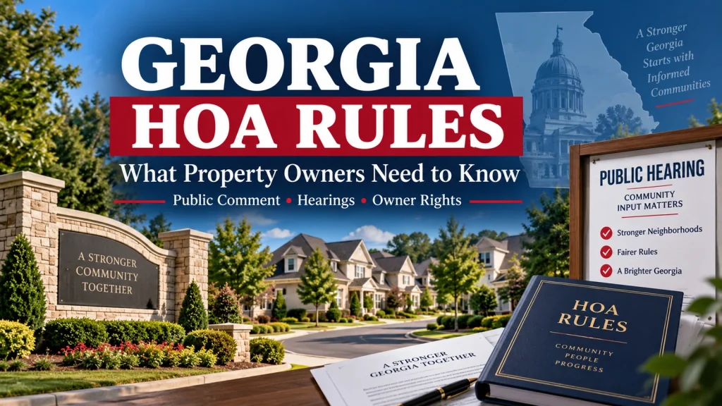 Georgia HOA proposed rules community announcement featuring a Georgia neighborhood, state government imagery, public hearing information, and property owner rights.