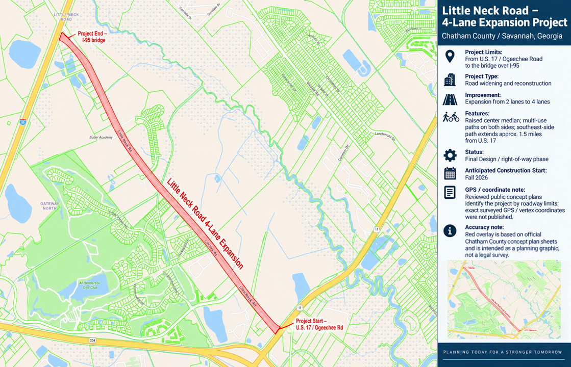 Little Neck Road four lane expansion project map showing the widening corridor in Chatham County, Georgia