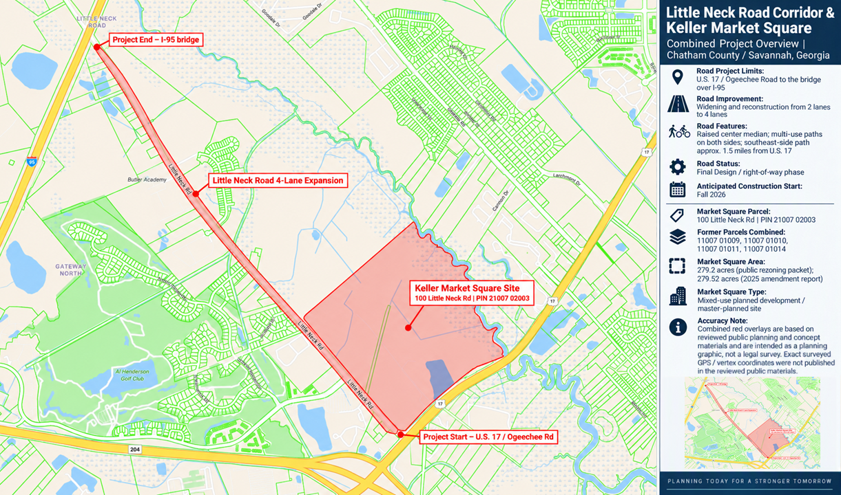 Combined project map showing Keller Market Square and the Little Neck Road widening corridor near New Hampstead in Savannah, Georgia
